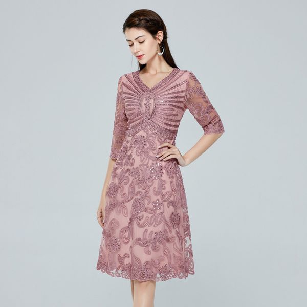 

casual dresses sequined 2021 spring summer elegant bride mother women v-neck luxurious embroidery 3/4 sleeve a-line red pink dress 4xl, Black;gray