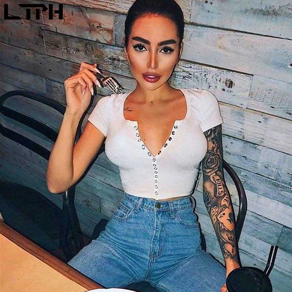 

2020 летний новый приход ins trend v-образный вырез сплошного цвета диких вскользь тенниски женщин тонкого однобортный росы пупок база корот, White