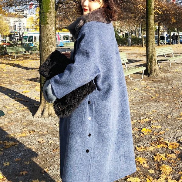 

2019 осенью и зимой нового утолщенного ан средней длиной дымки голубых уаака шерсти wool пальто женщин двухстороннего шерстяное пальто, Black