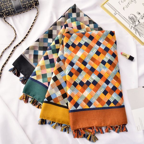 

single autumn new warm scarf air conditioning shawl air conditioning shawl big fashion all-match color small plaid scarf for women, Blue;gray