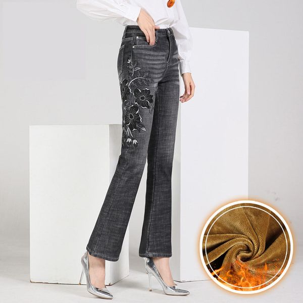 

women's jeans ferzige winter warm thick woman high waist embroidery casual trousers female elastic skinny flare pants plus velvet, Blue