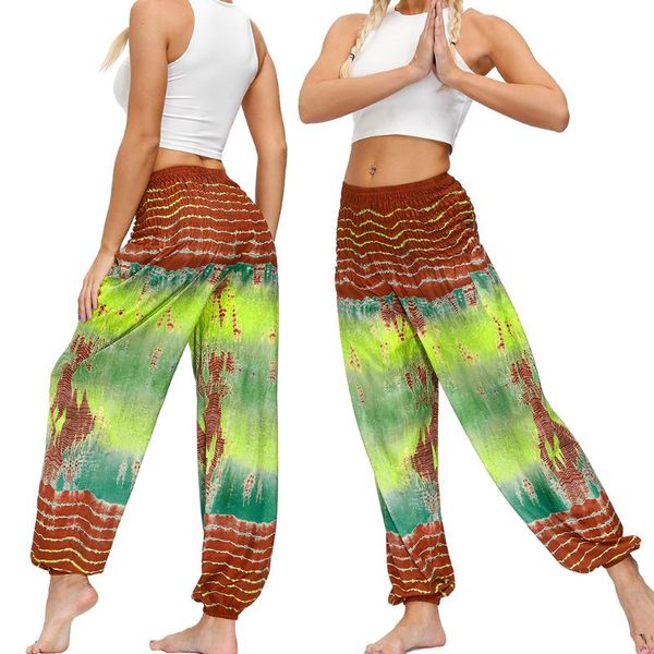 

women smocked waist hippie yoga pants boho tie-dye palazzo loose harem trousers, White;red