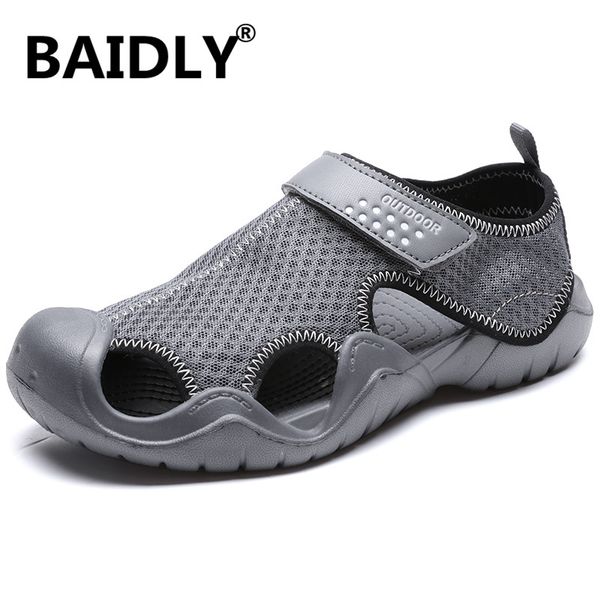 

men's sandals mesh summer men aqua shoes beach slippers male open toe hook & loop sandalen wear-resisting, Black