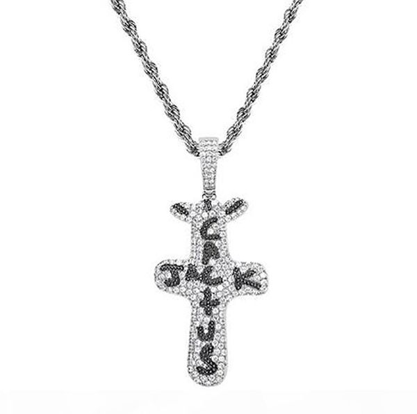 

y 14k iced out ins cactus jack pendant necklace hip hop micro pave cubic zirconia simulated diamonds pendant necklace, Silver