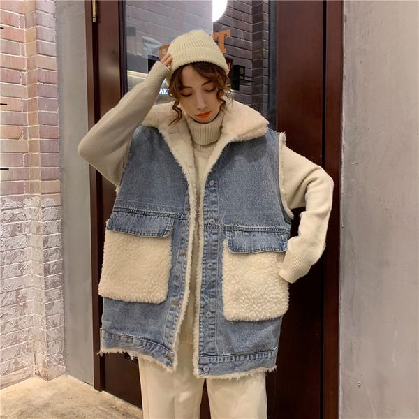 

oversize loose thickened jean sleeveless coat women korean preppy style warm vest jacket fashion big pockets winter clothes, Black;white
