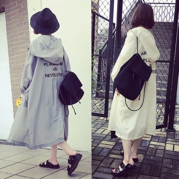 

2020 new summer hooded sunscreen women's mid-length korean style trendy windbreaker bf loose large size trench coat thin coat, Tan;black