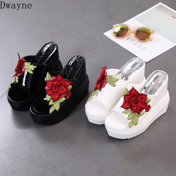 

summer thick bottom wedge female slippers korean fashion embroidery flowers 13 cm super high heel slippers, Black