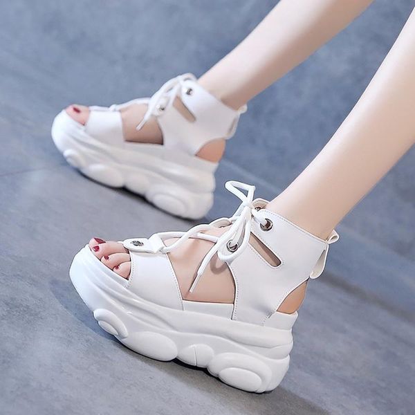 

2020 platform sandals women wedge high heels shoes women hook&loop leather summer zapatos mujer gladiator woman sandals plus, Black