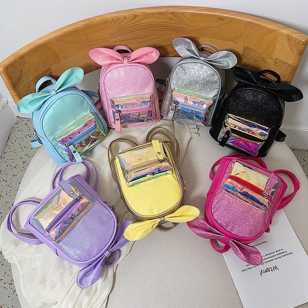 

korean children's bag cartoon cute tong bao er tong bao butterfly children's bag bow baby backpack mini laser transparent backpack, White