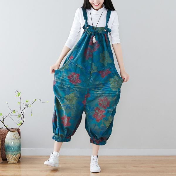 

4mkhu a shirt with water autumn new printed cropped lantern suspender lantern pants old hole slimming adjustable suspender pants wandering n, Blue