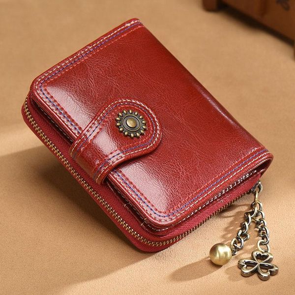 

leather short wallet ladies new korean high-grade folding cowhide small coin purse student fashion multi-card wine red wallet gift 350