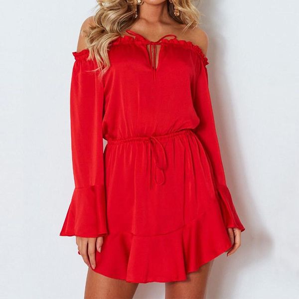 

solid flare ladies dresses high waist women party clothes slash neck womens dresses off shoulder long sleeve, Black;gray