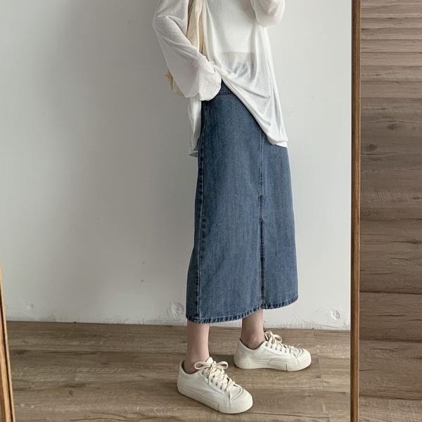 

summer front split washed high waist slimming leg length versatile mid-length women's denim short denim skirt skirt, Black