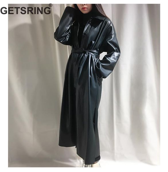 

getsring женщин плащи кожа pu ветровка однобортный узелок с длинным рукавом long coat solid split пальто осень зима, Tan;black