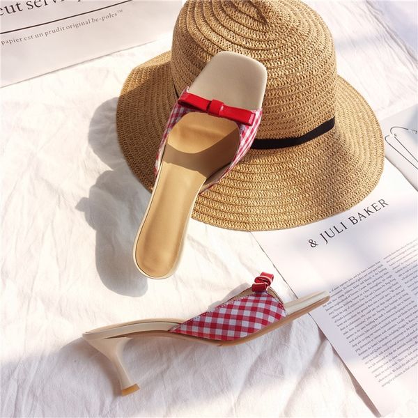 

women's 2019 new all-match cat heel and slippers sandals online celebrity sandals bow thin heel chic slippers for outdoor wear summer