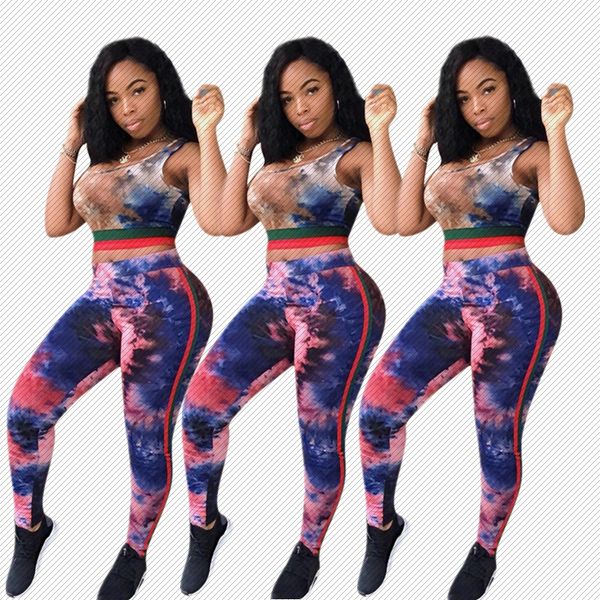

h8838 amazon cool tie-dye wrapped chest pants sports european and american womens two-piece set spot, Black;white