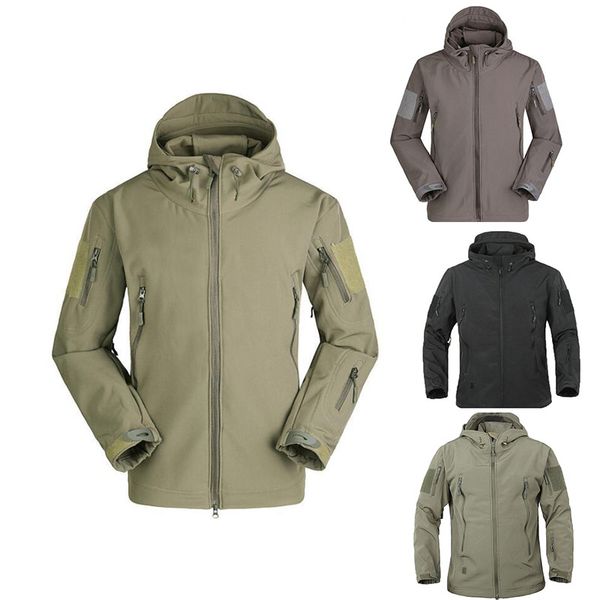 

2020 tactical fleece jacket men's army windproof soft shell jacket men's multi-pocket hooded rain solid, Black;brown