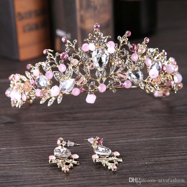 

fashion women hair jewelry bride wedding hair accessories headband white pink crystal tiara baroque crowns with earrings set headpieces, Slivery;golden