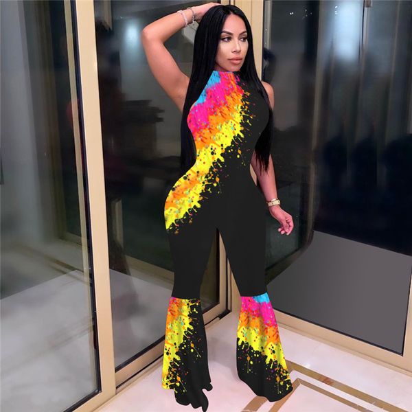 

womens clothing casual slim rompers tie dye womens designer jumpsuits fashion crew neck sleeveless speaker pants, Black;white