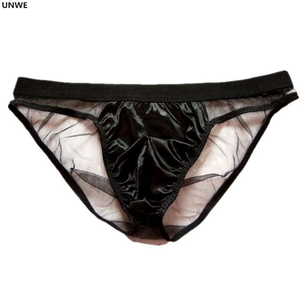 

unwe half transparent mesh gay briefs underwear transparent mens pearl light satin mesh patchwork panties stage performance, Black;white