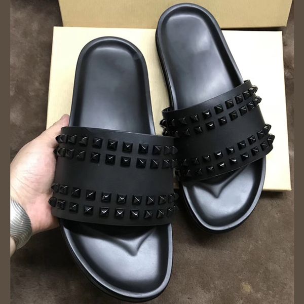 

designer sandals red bottom slippers mens black genuine leather with spikes summer flip flops luxury sandals flat soft leather slides cs10