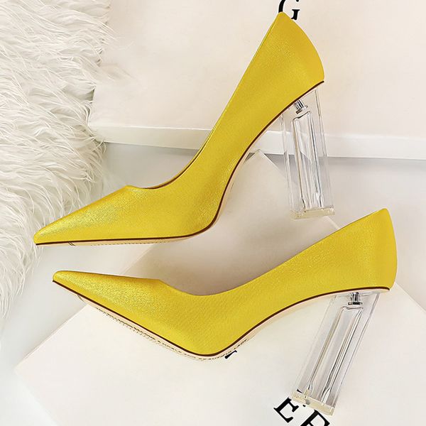 

2020 women clear 9.5cm high heels pumps plus size 43 luxury elegant block heels scarpins yellow lady prom chunky silver shoes, Black