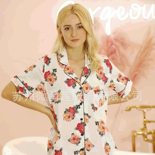 

w784u wei mi peony flower short and pajamas shorts pajamas women's cotton short-sleeved shorts home suit korean style large size women, Blue;red