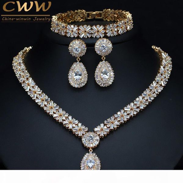 

cwwzircons exclusive dubai gold color jewellery luxury cubic zirconia necklace designer bracelet party jewelry set for women t053 c19010301, Silver