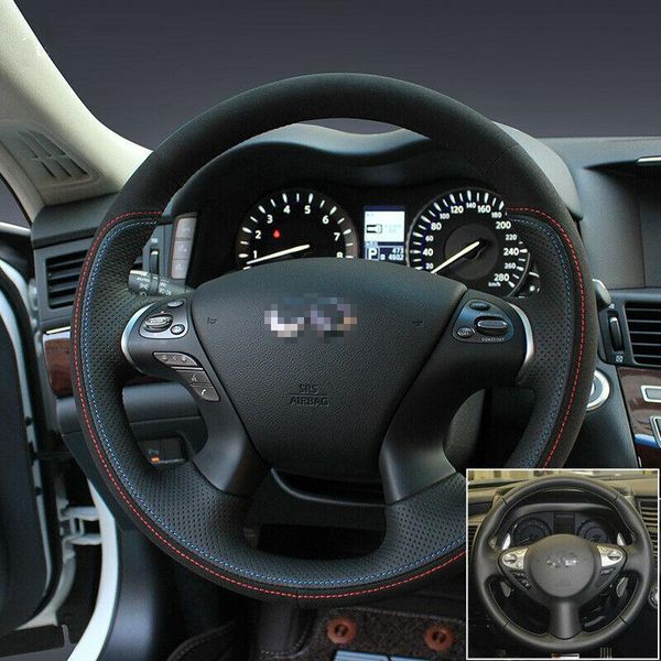 

anti slip black leather steering wheel stitch on wrap cover for infiniti q70