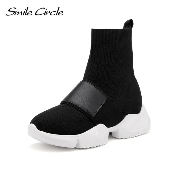 

smile circle knitting sneaker women high-sock flat platform shoes lightweight breathable casual thick bottom shoes, Black