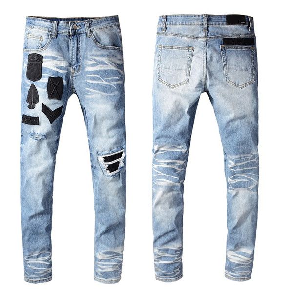 

men's black torn trend tights casual luxury jeans men's fashion distressed master design knee holes men's corresponding jeans, Blue
