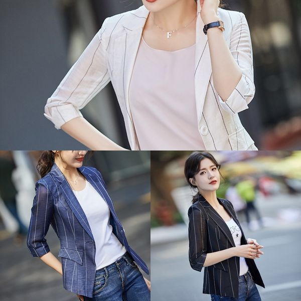 

2019 spring new women's coat small coat fashionable slim-fit striped all-match tencel thin small suit for women, White;black