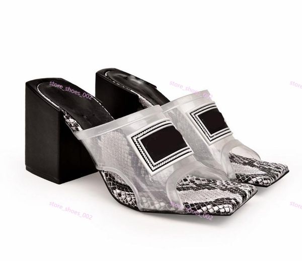 

xshfbcl luxe jelly transparent color matching sandals and slippers high heels 6cm 9cm sandals contrast color snake pattern slippers, Black;grey