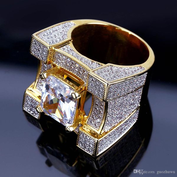 

personalized new 18k gold plated cz cubic zirconia hip hop bling rings diamond jewelry for men 24mm size 7 to 11 comfort fit wholesale, Golden;silver