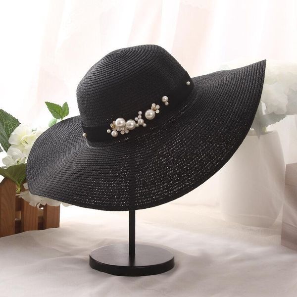 

korean female pearl large eaves sunscreen big edge beach can straw hat pearl straw hat be folded, Blue;gray