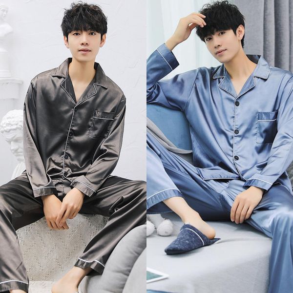 

men's long sleeve thin ice silk pajamas pajamas korean cardigan solid color spring and autumn home wear men's casual silk suit sum, Black;brown
