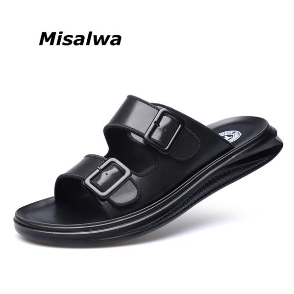 

misalwa latex cow split leather men casual buckle shoes summer men slipper soft comfortable outdoor sandals, Black