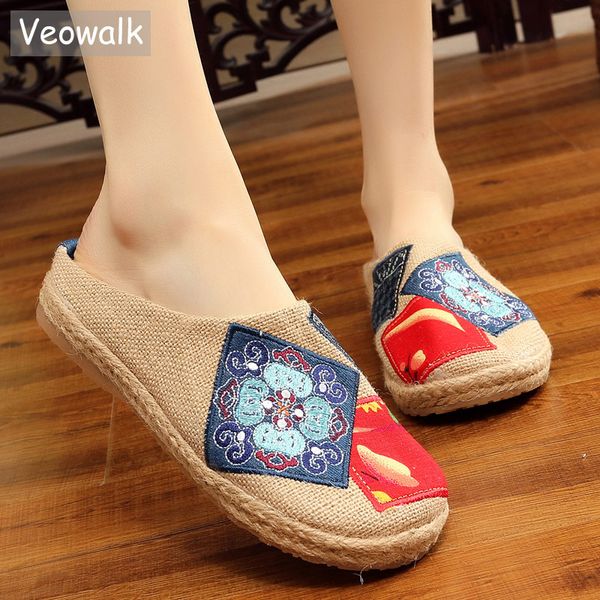 

veowalk handmade summer women close toe linen espadrilles slippers high end chinese artist embroidered ladies casual slide shoes, Black