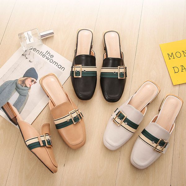 

women slipper new style half scuffs slippers women's belt buckle sandals summer single light shoes platform shoes, Black
