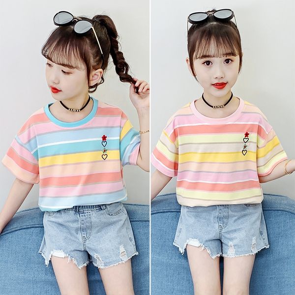 

girls short-sleeved t- t- shirt 2020 summer new cotton embroidered striped shirt rainbow short-sleeved loose top, Blue