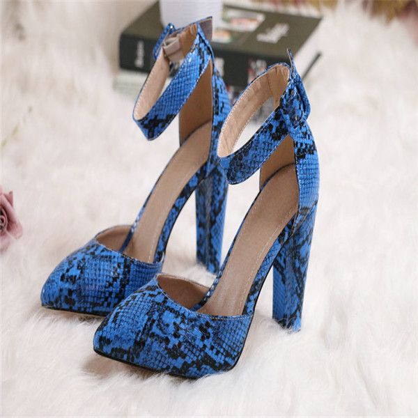 

2020 fashion snakeskin pu leather women shoes square high heel women pumps pointed toe buckle ladies shoes size 34-43, Black