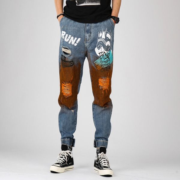 

moruancle mens hi street hip hop jeans joggers fashion destroyed printed denim trousers streetwear ripped pants elastic waist, Blue