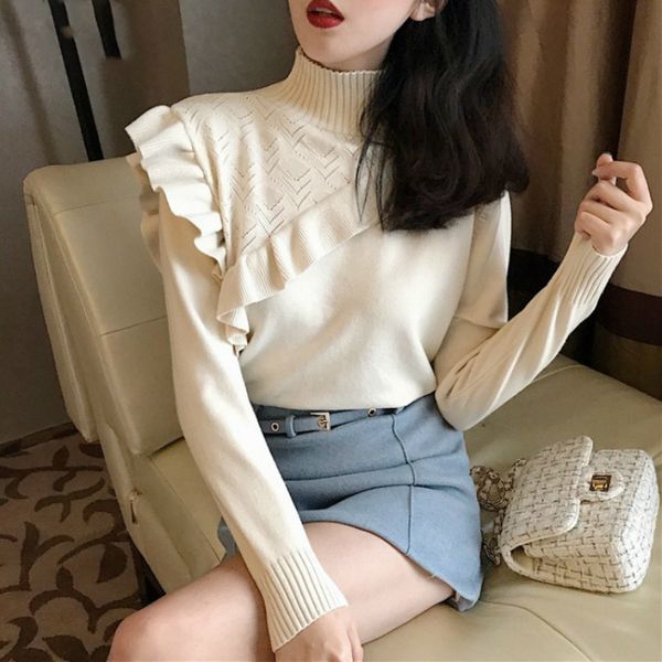 

korean half high collar ruffle knit sweater + high waist slim skirt women set autumn winter, White;black