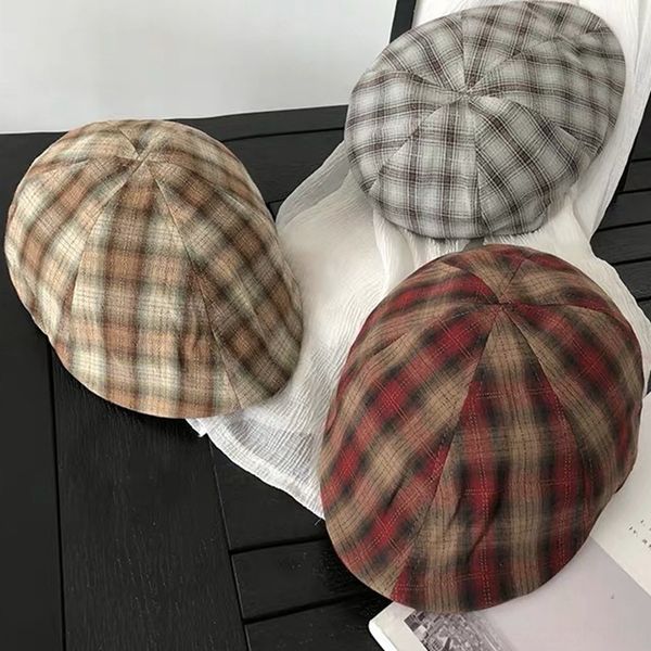 

cotton linen painter beret hat black plaid beret british all-match web celebrity forward painter hat children's korean fashion, Blue;gray