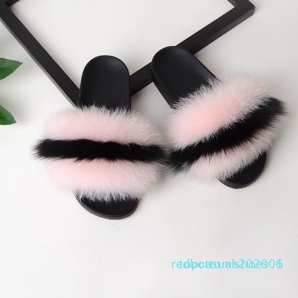 

summer women fox fur slippers real fox hair slides female furry indoor flip flops casual beach sandals fluffy plush shoestr01, Black