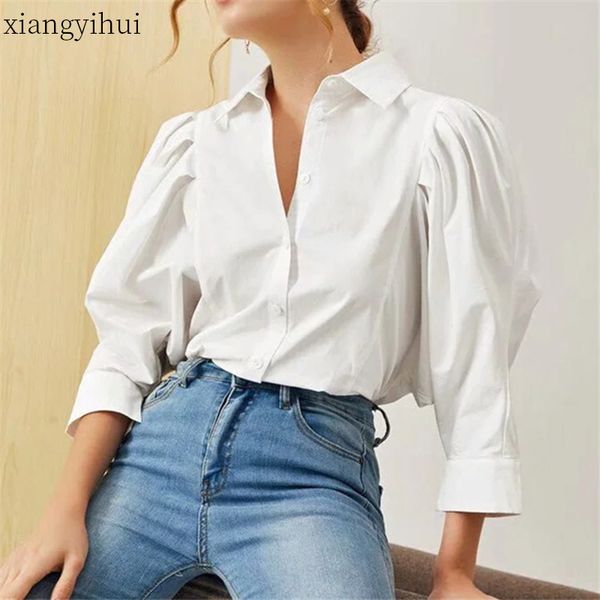 

white casual women turn-down collar puff sleeve shirts 2020 autumn fashion loose long sleeve cotton blouse ladies work shirt