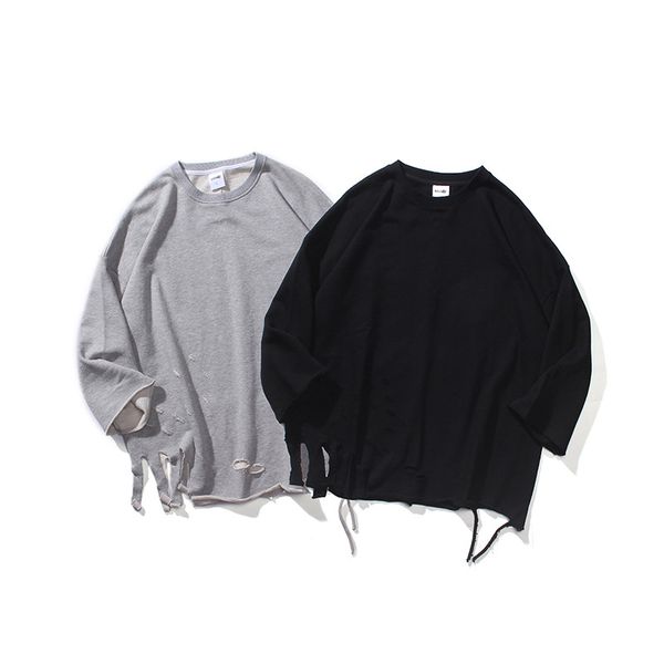

mens ripped cut hole pullover hip hop oversized sweatshirt cotton long sleeve for male harajuku, Black