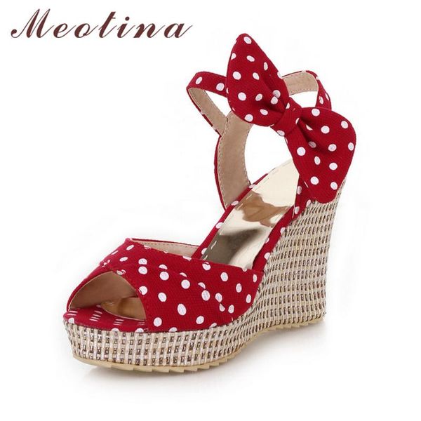 

meotina summer platform shoes ladies fish toe polka dot bow platform wedges heels women shoes two piece ladies red blue, Black