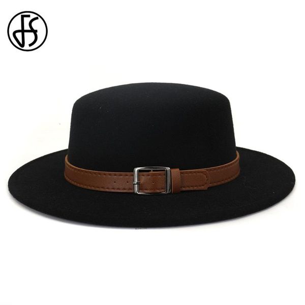 

fs wool boater flat hat for women felt wide brim fedora hats belt buckle elegant lady men chapeu de feltro gambler jazz cap, Blue;gray