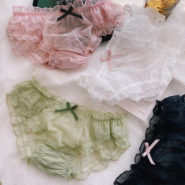 

cute panties hollow lace women's underpants bow ruffles seamless thong sweet transparent underwear mid-waist breifs, Black;pink